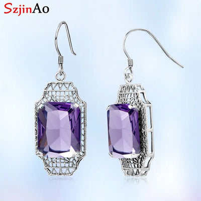 Timeless Luxury: Vintage Amethyst Long Drop Earrings in 925 Silver, 100% Handmade Designer Earrings - Gadget and Glam Shop