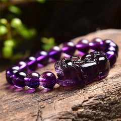 Wealth Attraction: Amethyst PIXIU Feng Shui Bracelet with Crystal Beads for Positive Vibes