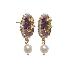 Retro Elegance: Vintage Palace Exquisite Pearl Amethyst Gemstone Earrings with Oval Rose Charm Ear Clip