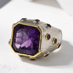 Ancient Allure: 925 Sterling Silver Rings with Square-Cut Natural Amethyst