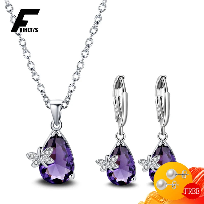 Charming Water Drop Set: 925 Silver Amethyst Earrings, Necklace, and Pendant