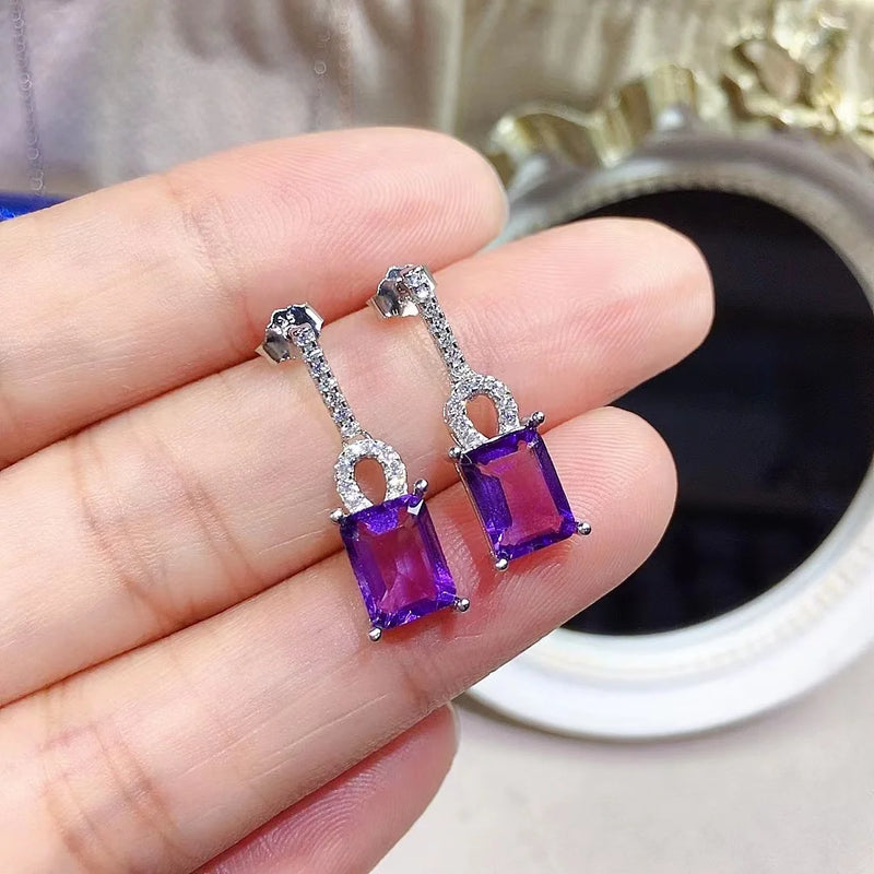 Timeless Beauty: Natural Amethyst Drop Earrings with VVS Grade Emerald Cut, Crafted in 925 Silver